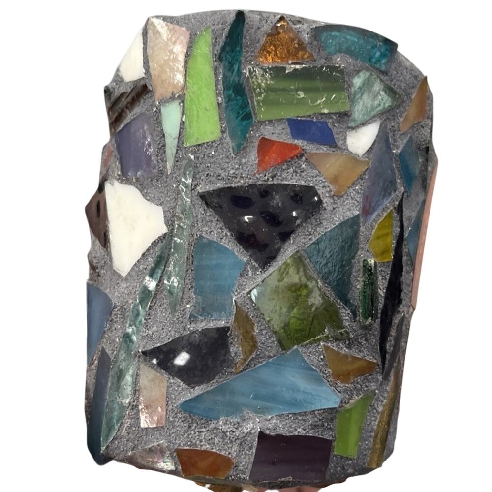 vtg 70s brutalist stained glass votive holder chunky glass in cement